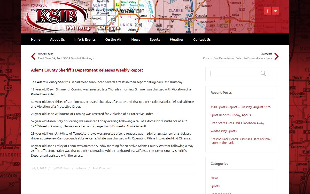 Adams County arrest news example from KSIB Sheriff report