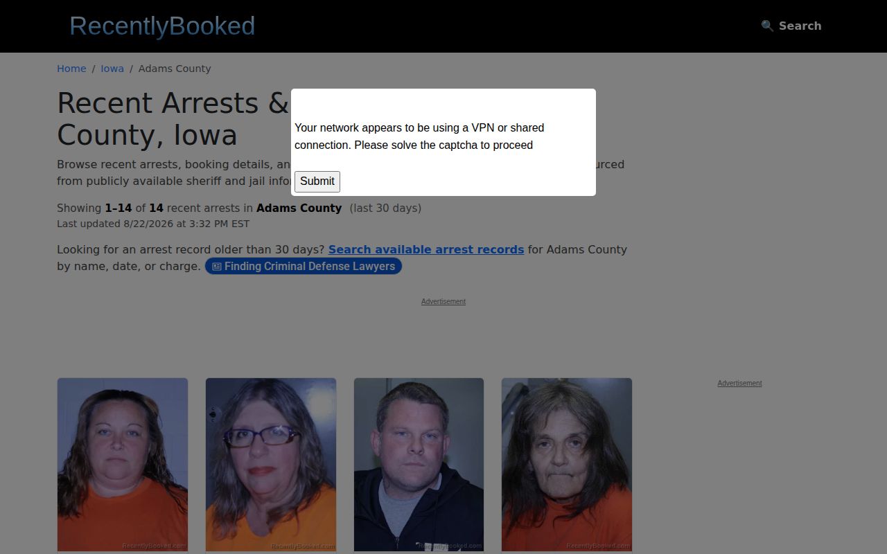 Unofficial Adams County recent booking records interface